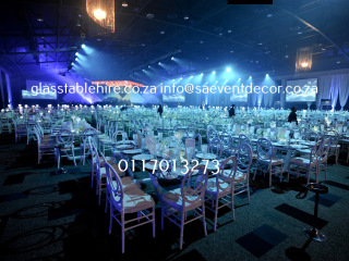 Glass Table Hire and White Phoenix Dinning Chair Hire