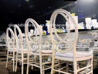 Rectangular Glass Table Hire with Designer Rectangular Table Frame In Steel Hire and White Phoenix Chair Hire