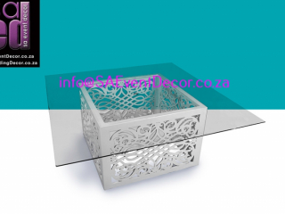 white CNC Laser Cut Square Designer Table Base Hire from SA Event Decor