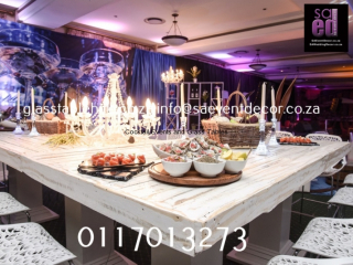 Whitewash Table Top Hire, Vintage Crystal Chandelier Hire, Champagne Themed Backdrop Hire