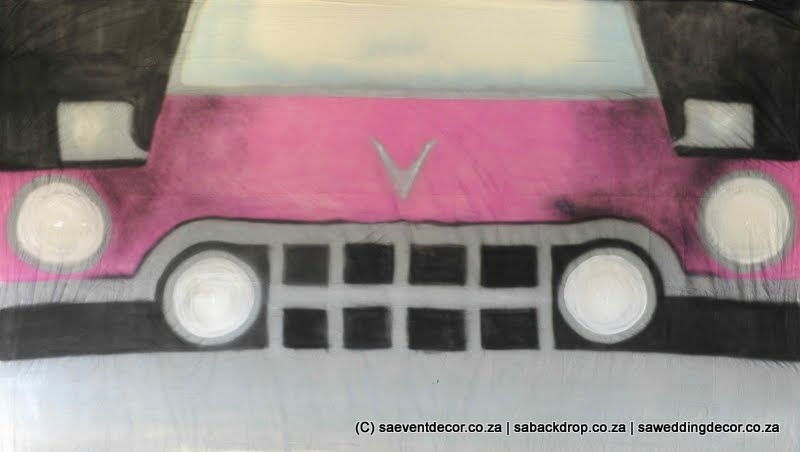 BacRoc04 Rock n Roll Sixties Pink Cadillac Themed backdrop Hire